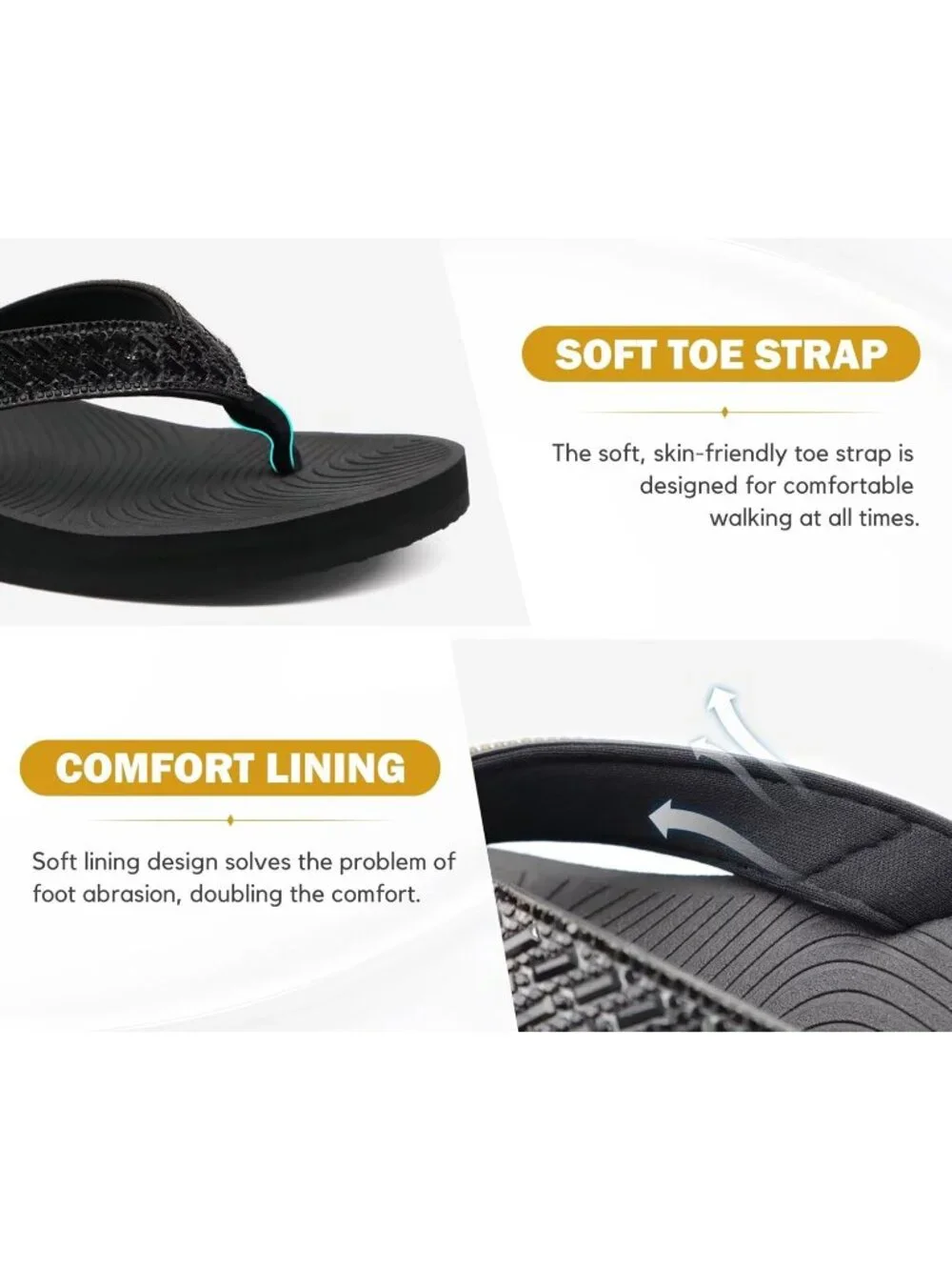 Women's Black Comfortable Rhinestone Support Casual Flip Flops Stylish Sandals